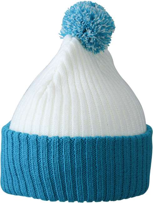Knitted Cap with Pompon white/aqua