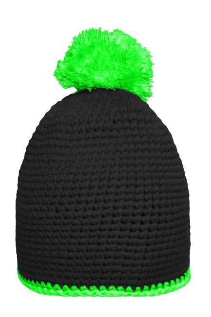 Pompon Hat with Contrast Stripe black/neon-green
