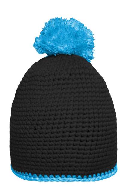 Pompon Hat with Contrast Stripe black/turquoise