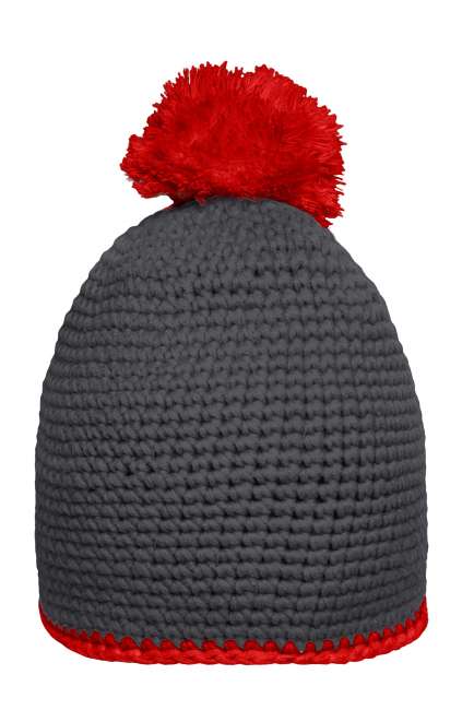 Pompon Hat with Contrast Stripe carbon/red
