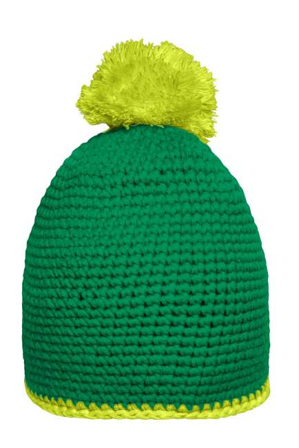 Pompon Hat with Contrast Stripe green/acid-yellow
