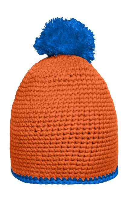 Pompon Hat with Contrast Stripe orange/aqua